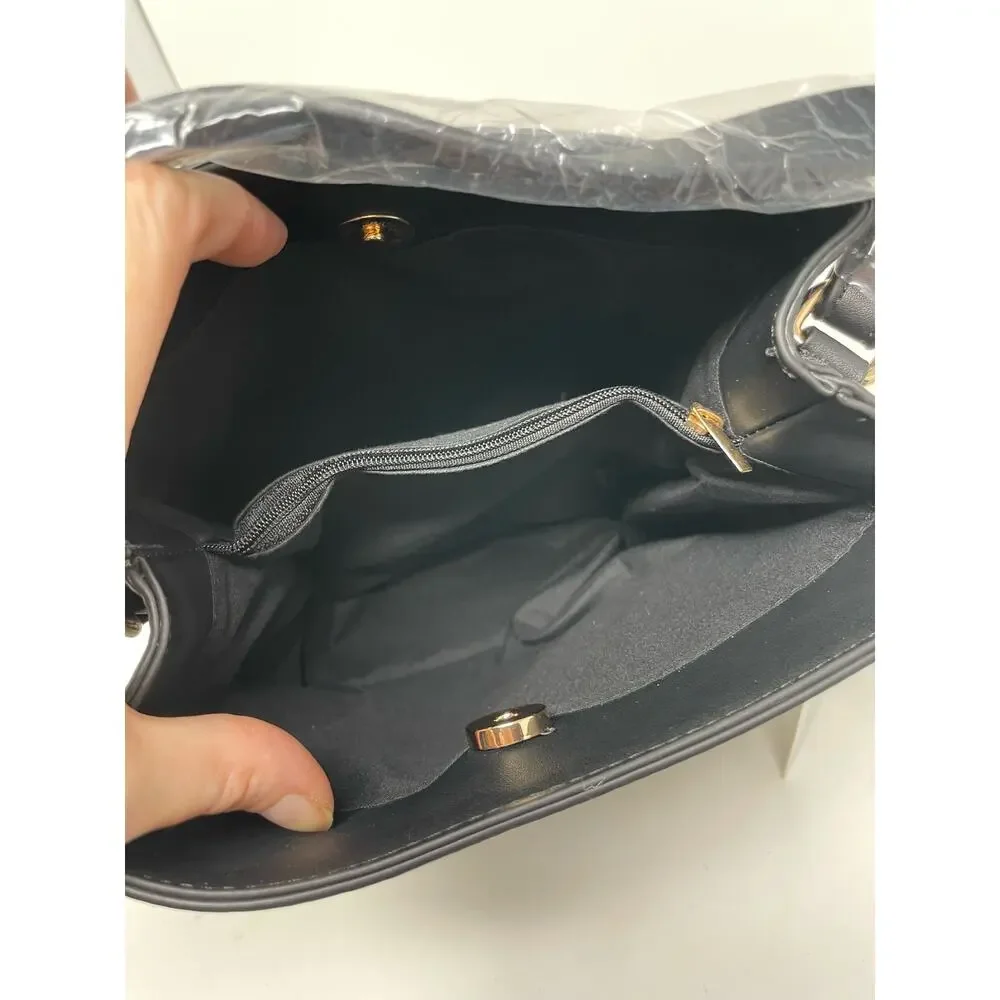 AOTA Elena Black Vegan Leather Croc Top Handle Bucket Bag Detachable Crossbody - Picture 4 of 9